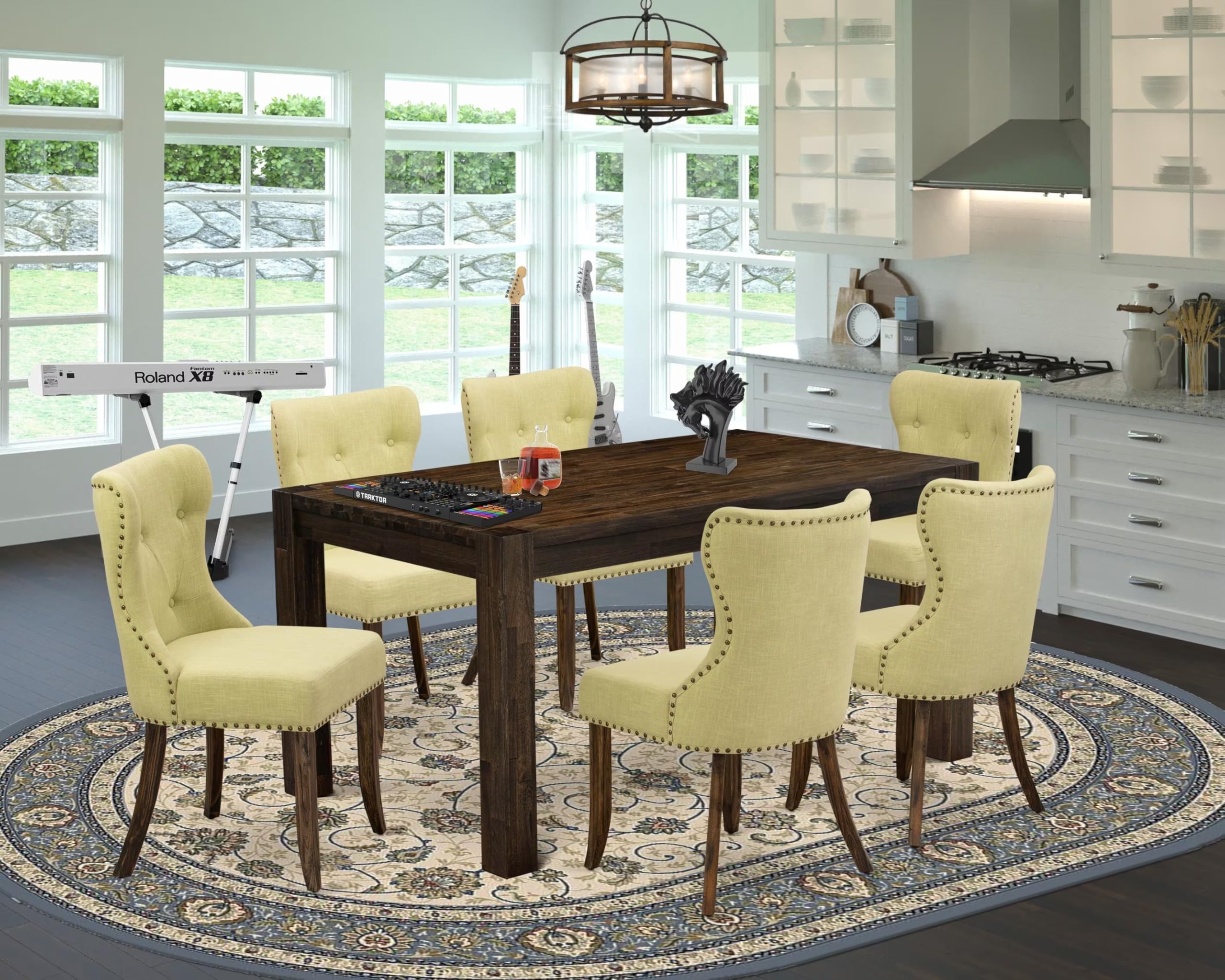 East West Furniture Cnsi7-77-37 7 Piece Dining Set Consist Of A Rectangle Rustic Wood Dining Room Table And 6 Limelight Linen Fabric Upholstered Parson Chairs, 36X60 Inch, Jacobean